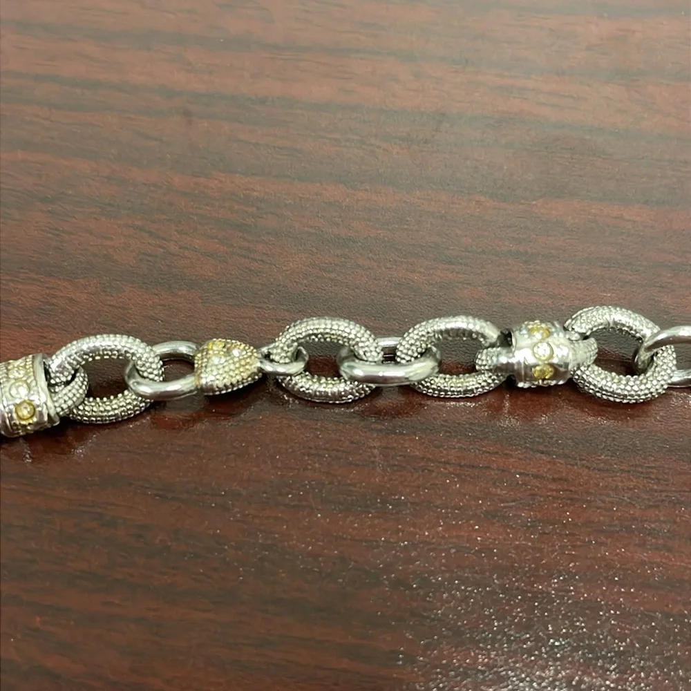 Vintage 925 Textured Silver Heart and Cubic Zirconia Toggle Bracelet